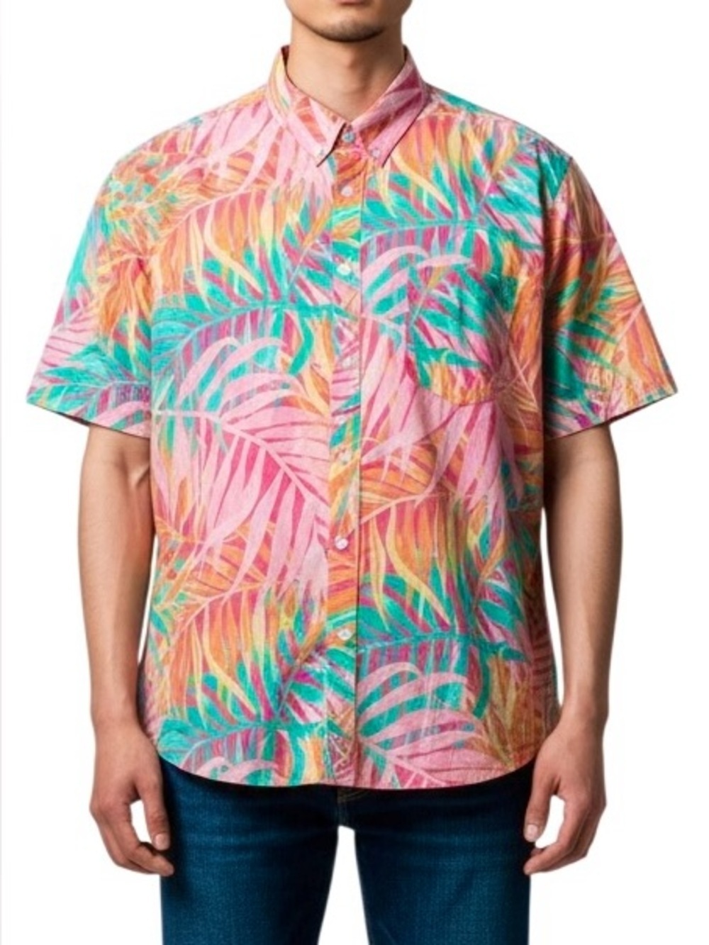 Simply Southern Men’s Hawaiian print Short sleeved Button down Shirt L Palm leaf
